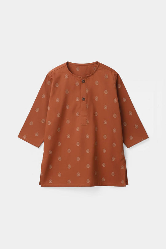 Infant Boys Cotton Poplin Printed Kurta - Brown