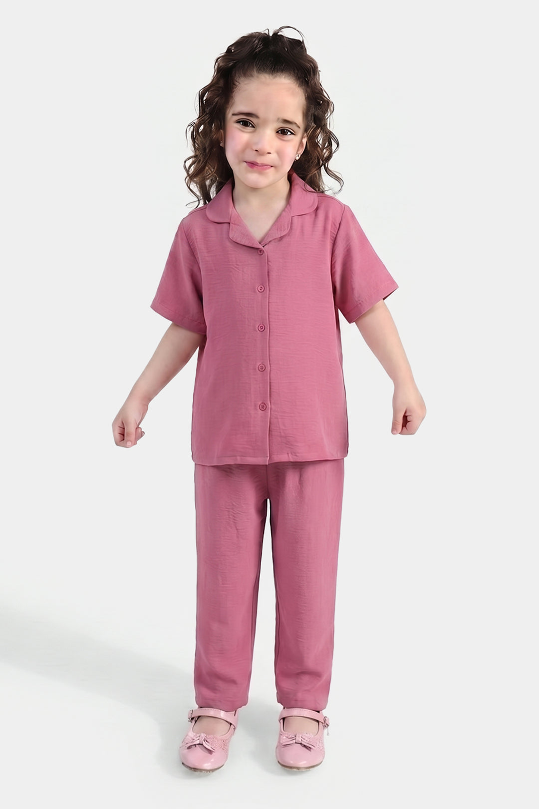 Girls Viscose Woven Basic Night Suit – Pink