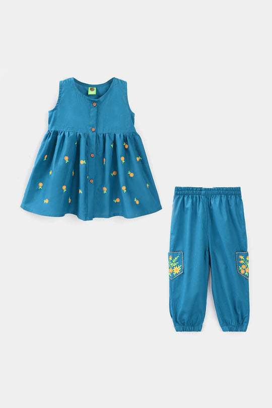 Infant Girls Cotton Embroidered 2Pcs Royal Blue - Turquoise