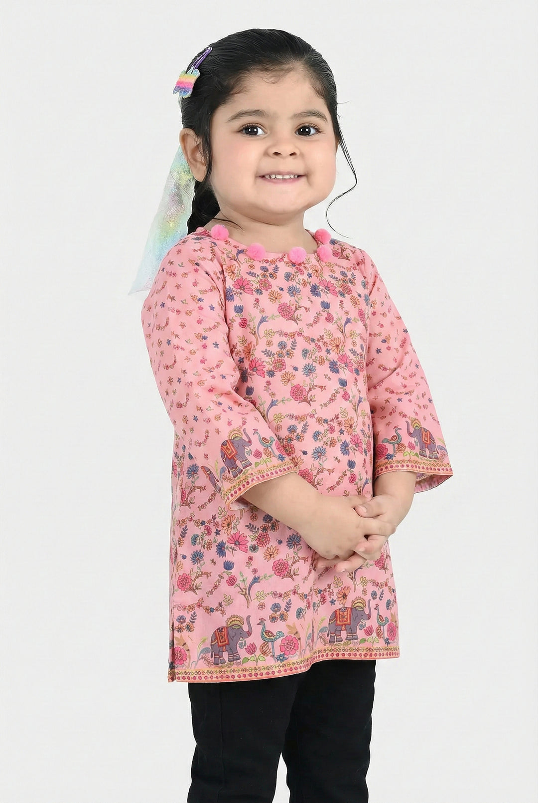 Infant Girls Poly Cambric Printed Kurti - Pink