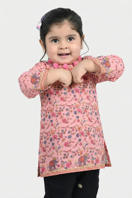 Infant Girls Poly Cambric Printed Kurti - Pink