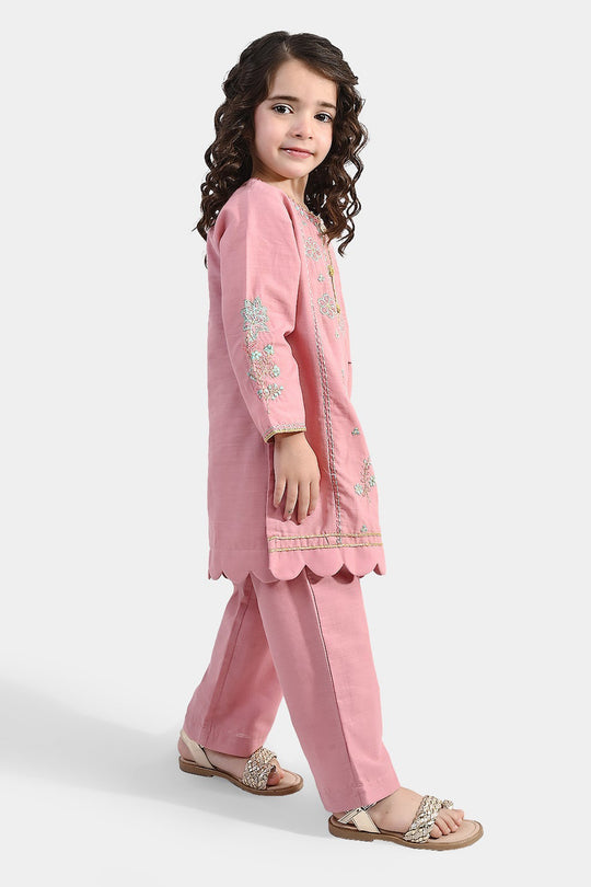 Girls Cotton Slub Emb 2Pcs Mina -Pink