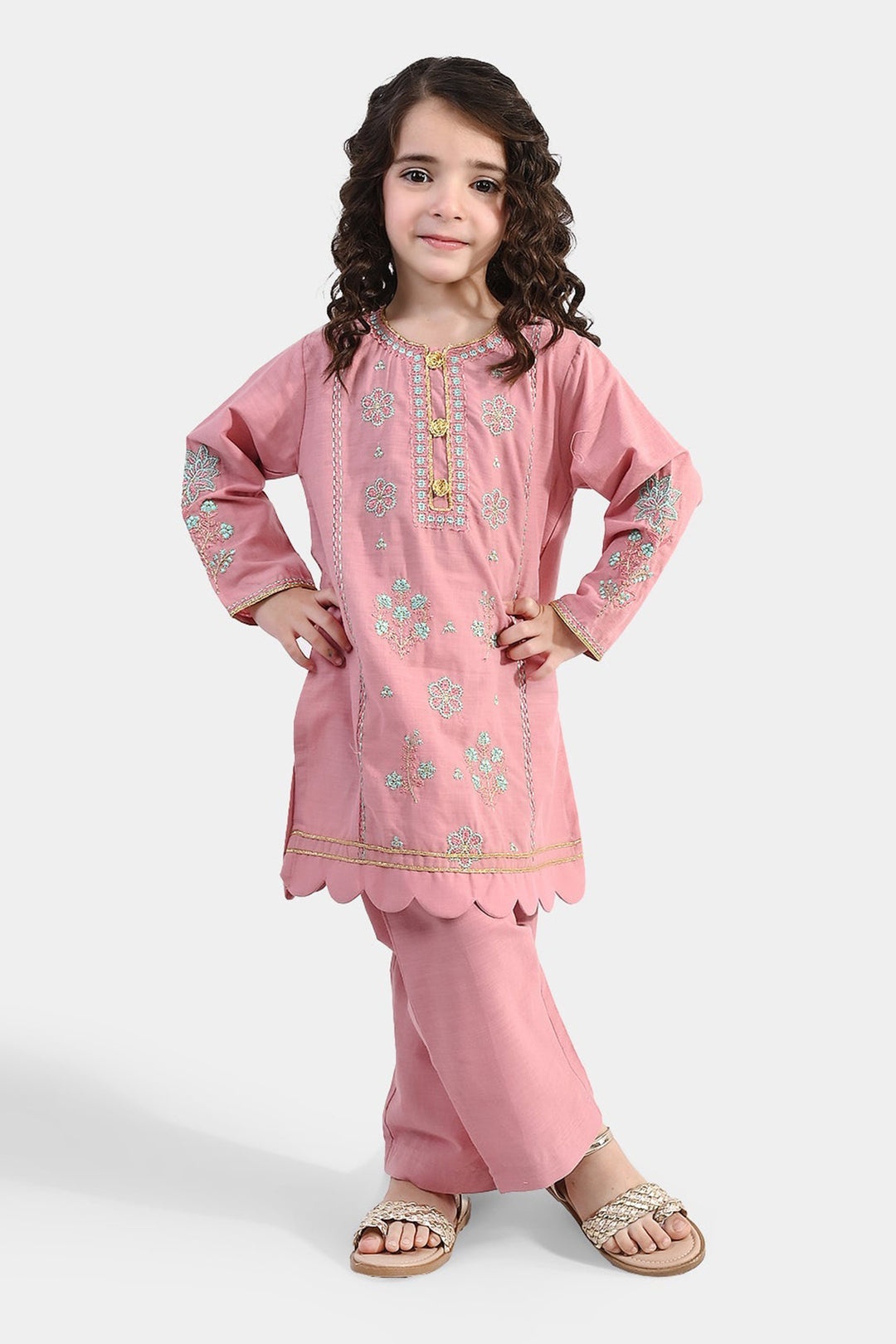 Girls Cotton Slub Emb 2Pcs Mina -Pink