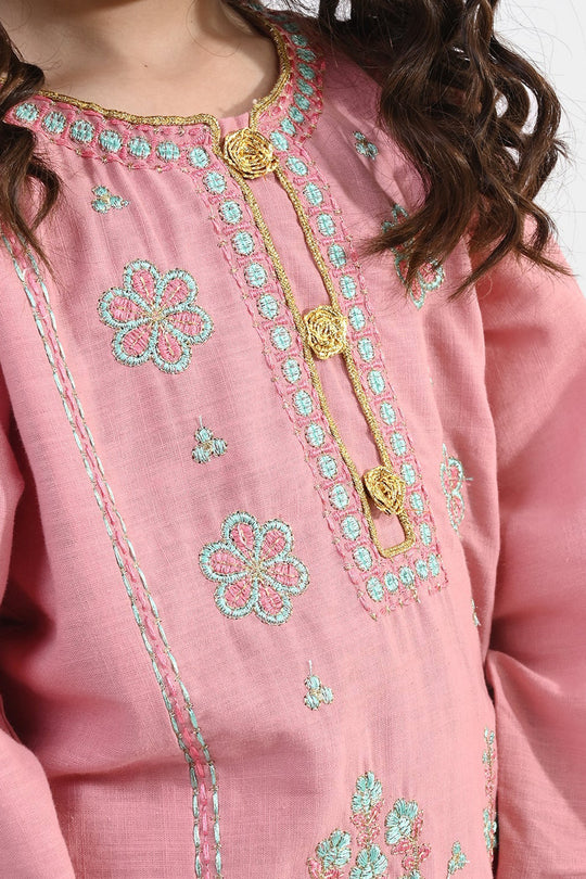 Girls Cotton Slub Emb 2Pcs Mina -Pink