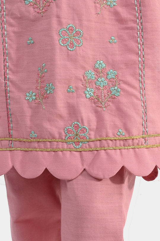 Girls Cotton Slub Emb 2Pcs Mina -Pink