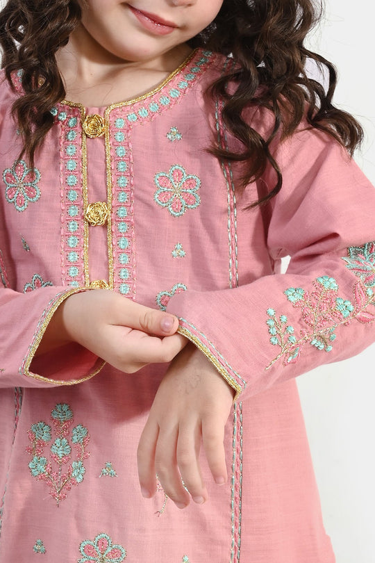 Girls Cotton Slub Emb 2Pcs Mina -Pink