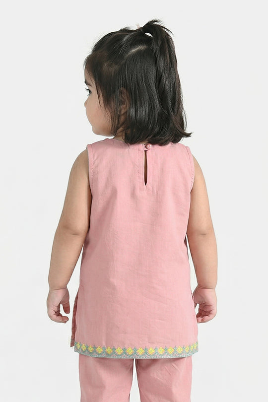 Infant Girls Cotton Slub Embroidered Kurti (Sama) - T.Pink