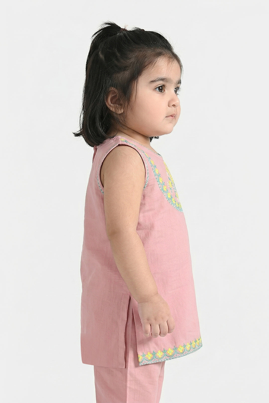 Infant Girls Cotton Slub Embroidered Kurti (Sama) - T.Pink