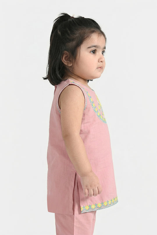 Infant Girls Cotton Slub Embroidered Kurti (Sama) - T.Pink