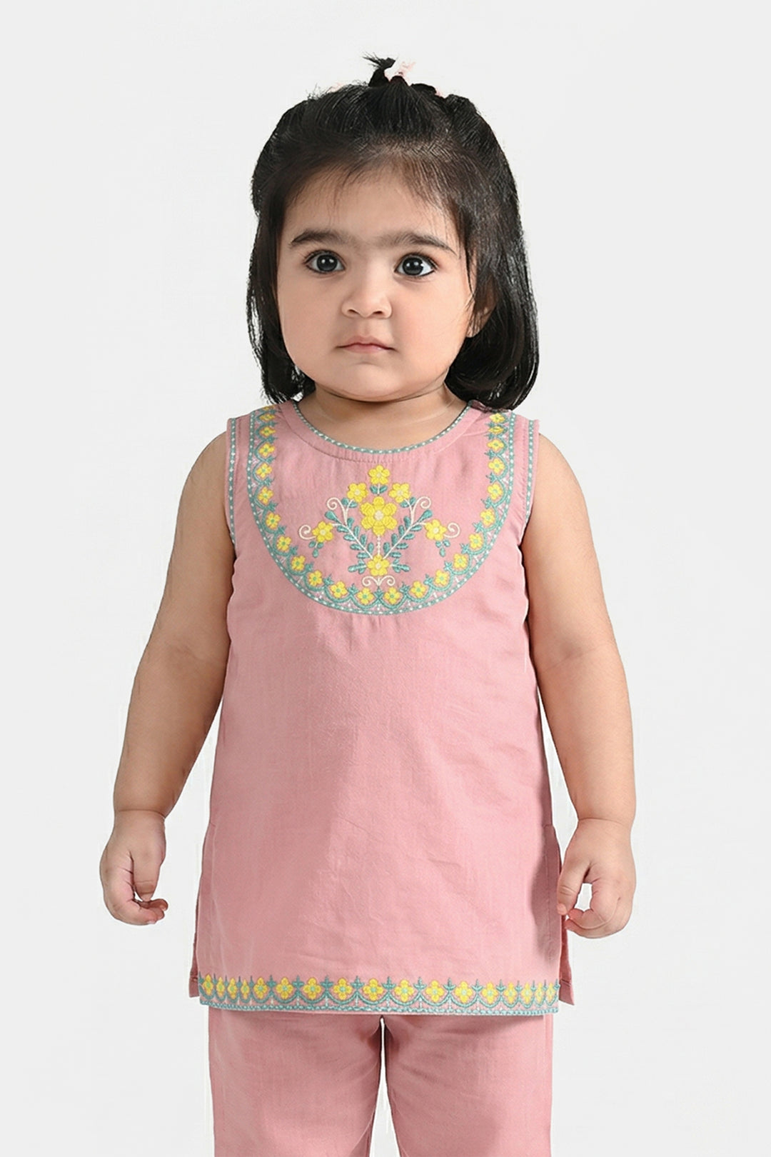 Infant Girls Cotton Slub Embroidered Kurti (Sama) - T.Pink