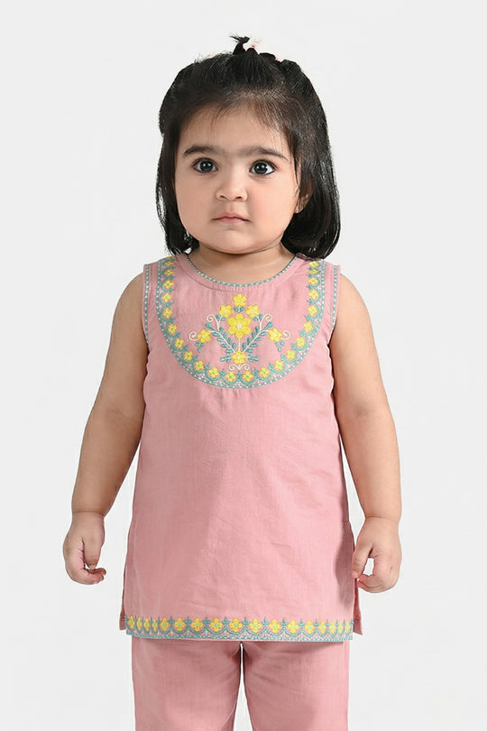 Infant Girls Cotton Slub Embroidered Kurti (Sama) - T.Pink