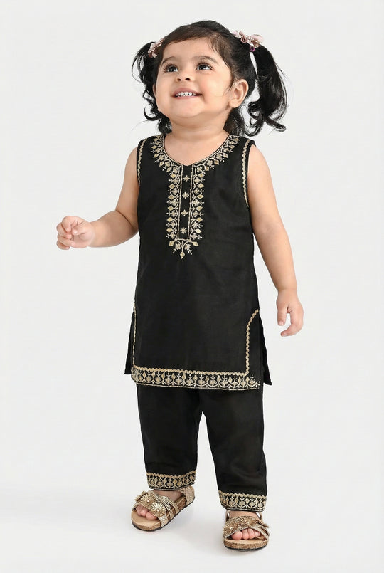 Infant Girls Raw Silk 2Pcs Gota Phool - Black