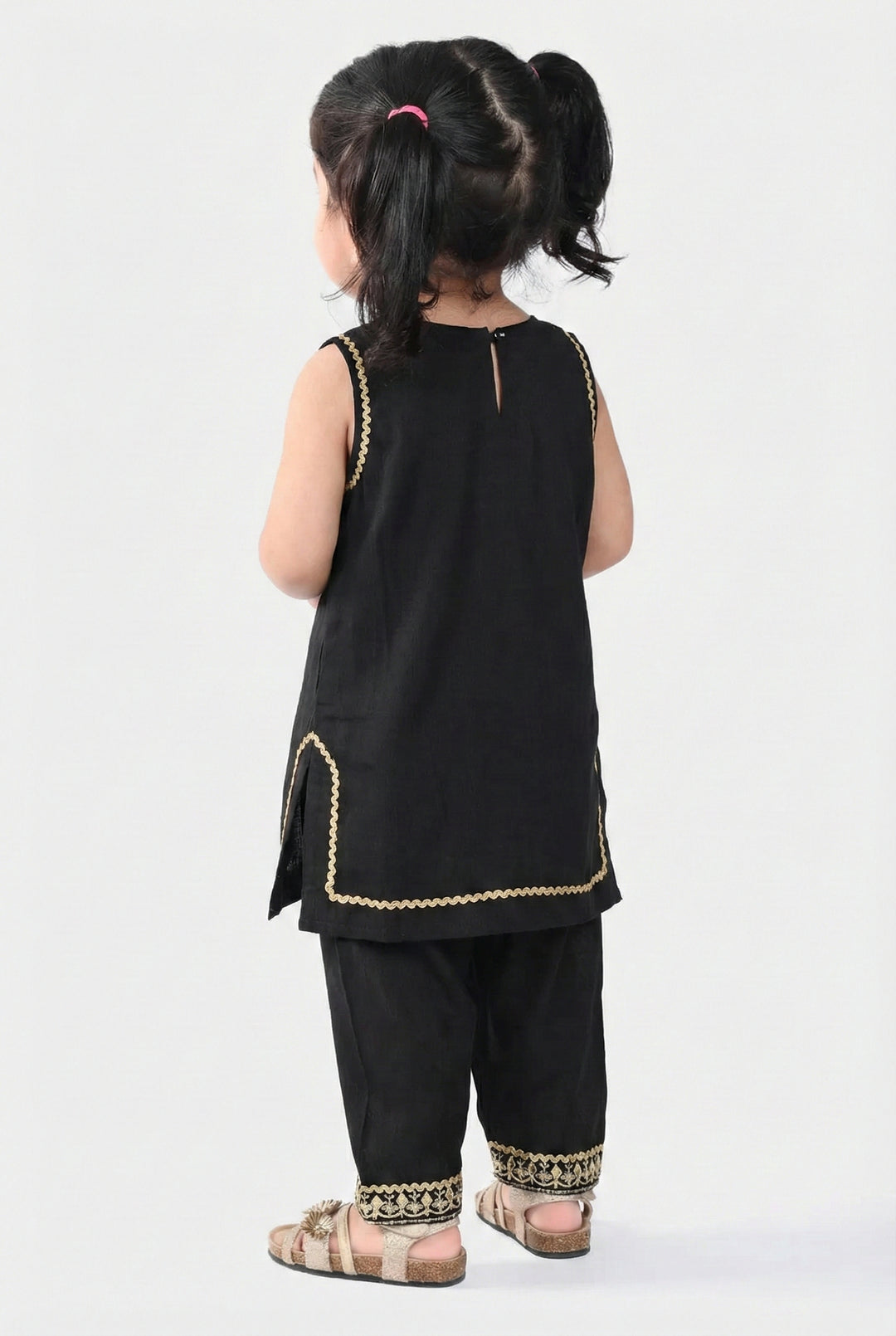 Infant Girls Raw Silk 2Pcs Gota Phool - Black