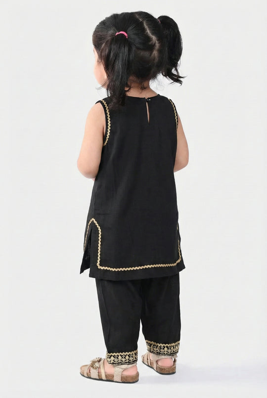 Infant Girls Raw Silk 2Pcs Gota Phool - Black