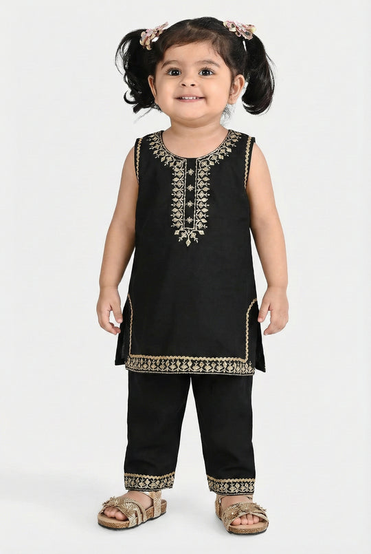 Infant Girls Raw Silk 2Pcs Gota Phool - Black
