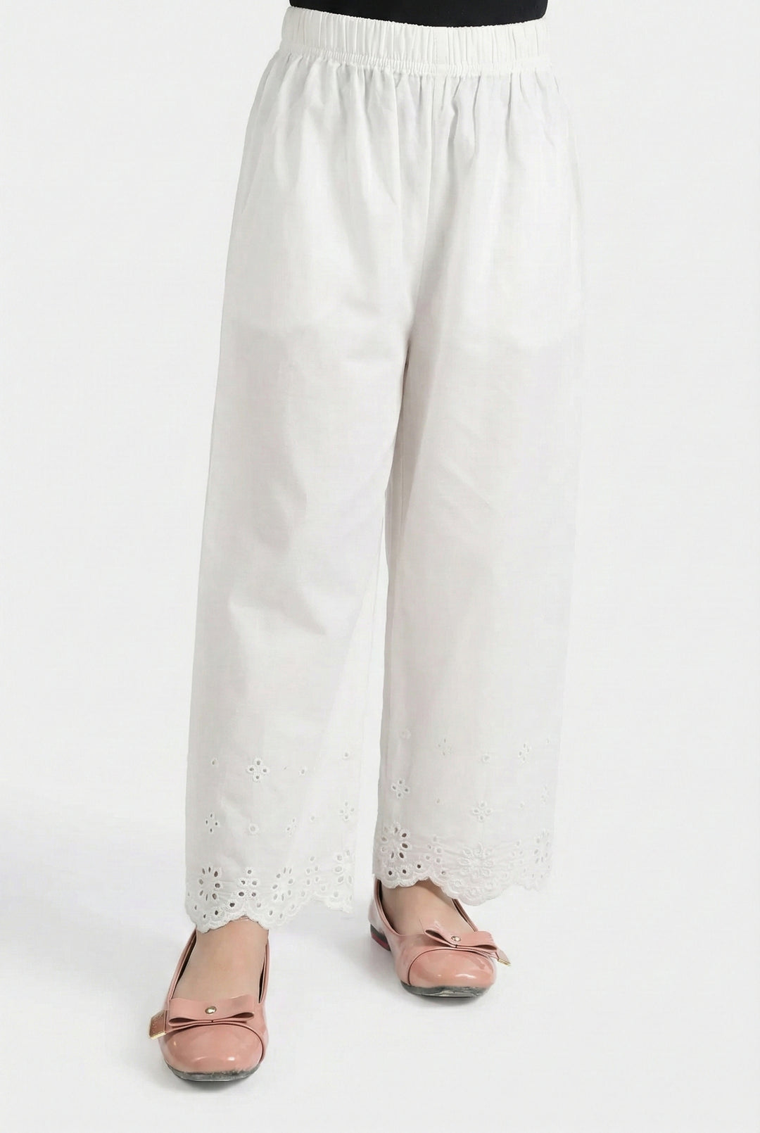 Girls Cotton Embroidered Pants Floral - White