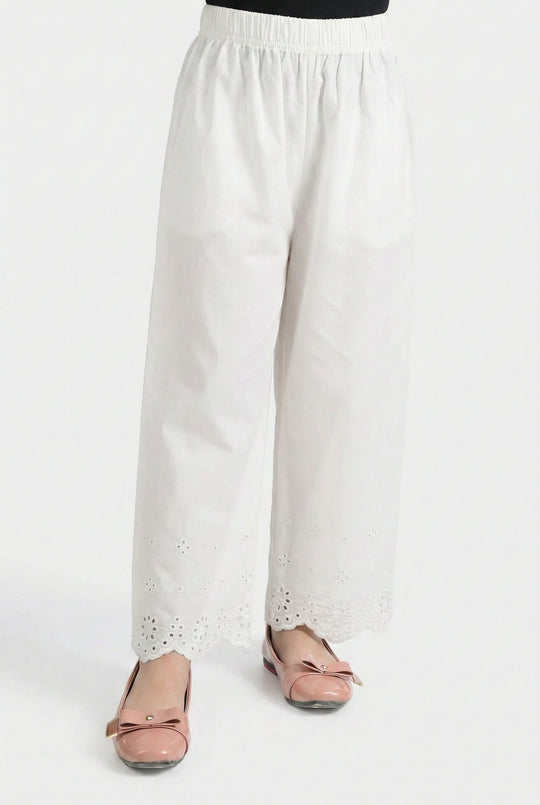 Girls Cotton Embroidered Pants Floral - White