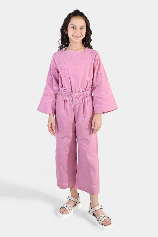 Girls Cotton Slub Embroidered  Jumpsuit (Butterfly) - Pink