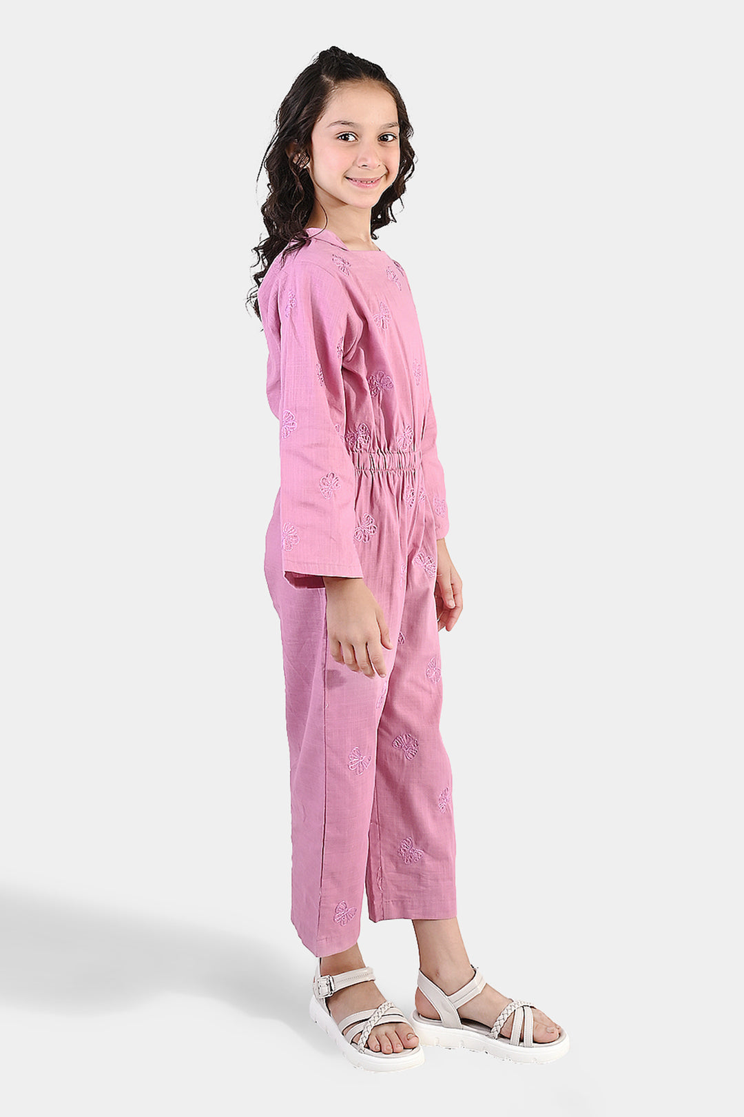 Girls Cotton Slub Embroidered  Jumpsuit (Butterfly) - Pink