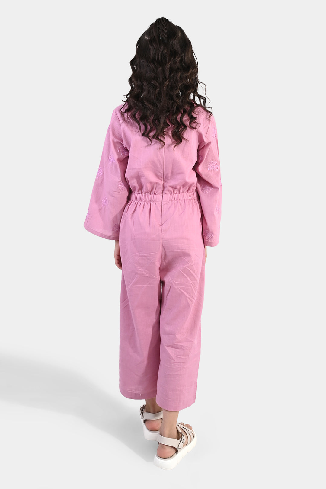 Girls Cotton Slub Embroidered  Jumpsuit (Butterfly) - Pink
