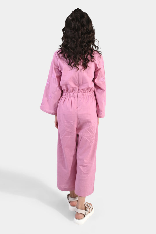 Girls Cotton Slub Embroidered  Jumpsuit (Butterfly) - Pink