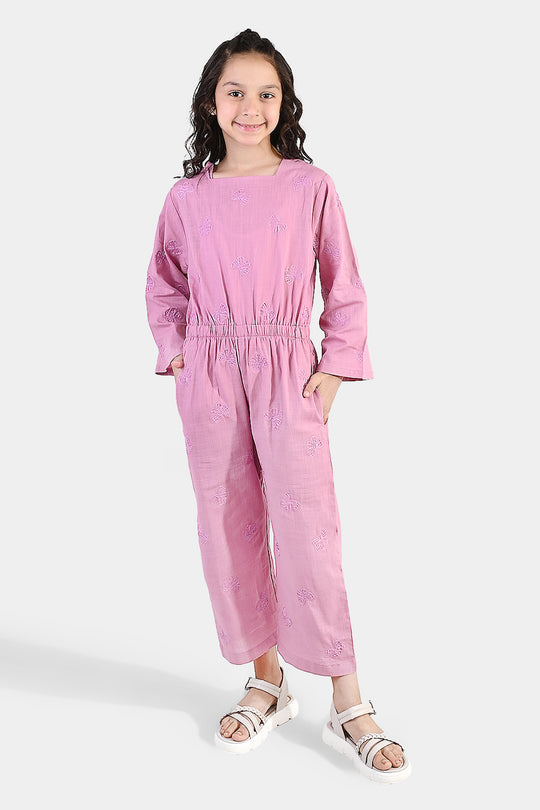 Girls Cotton Slub Embroidered  Jumpsuit (Butterfly) - Pink