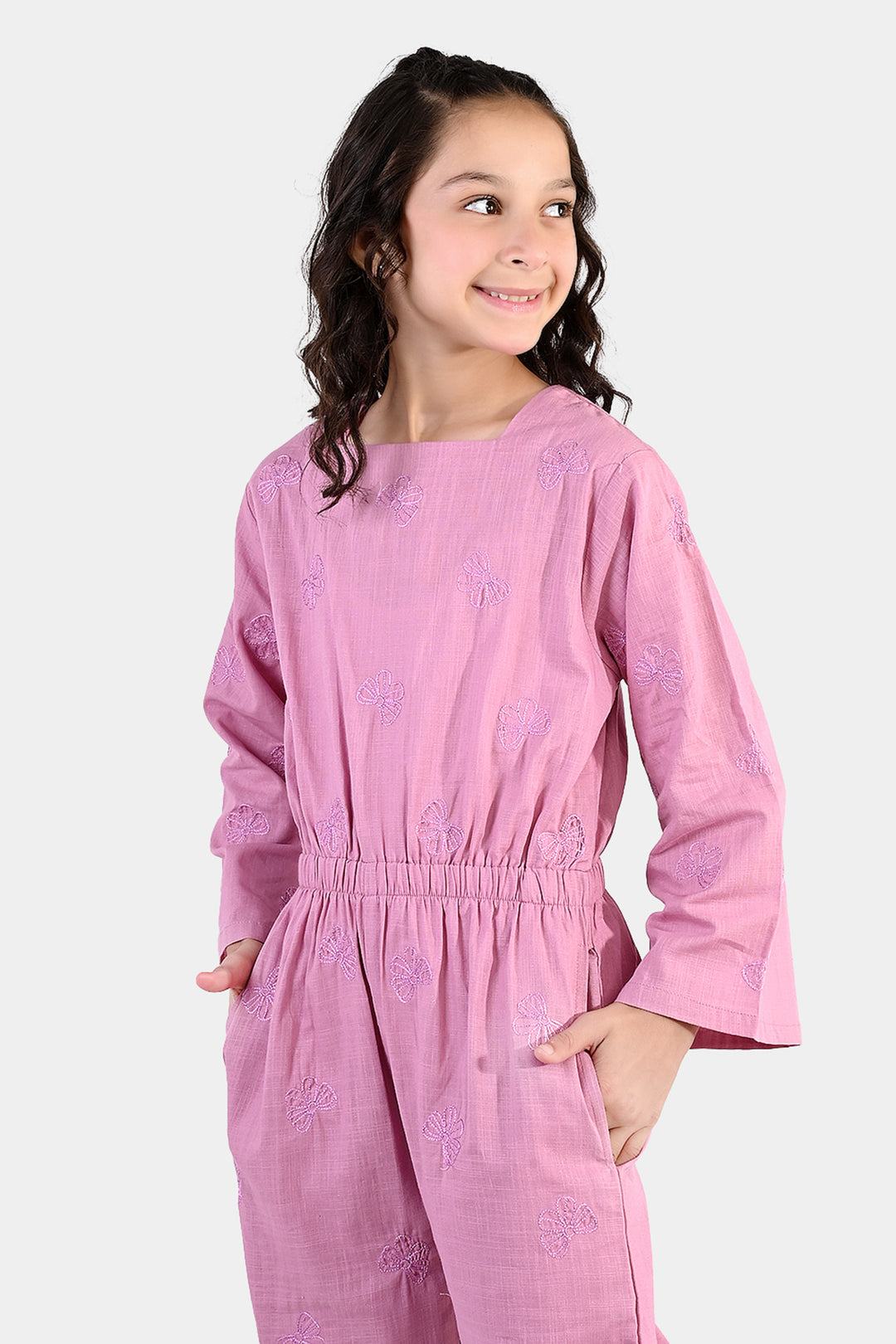 Girls Cotton Slub Embroidered  Jumpsuit (Butterfly) - Pink