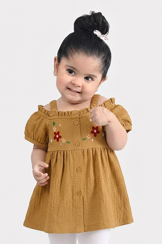 Infant Girls Poly Cambric Embroidered Top (Crochet Butterfly) - Khaki
