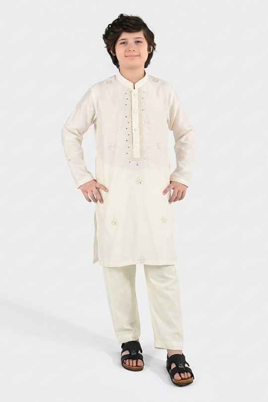 Boys Poly Viscose Kurta Pajama (Jagmag) - Cream