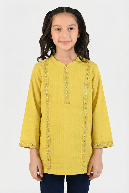 Girls Jacquard Embroidered Kurti (Roshan) – Yellow