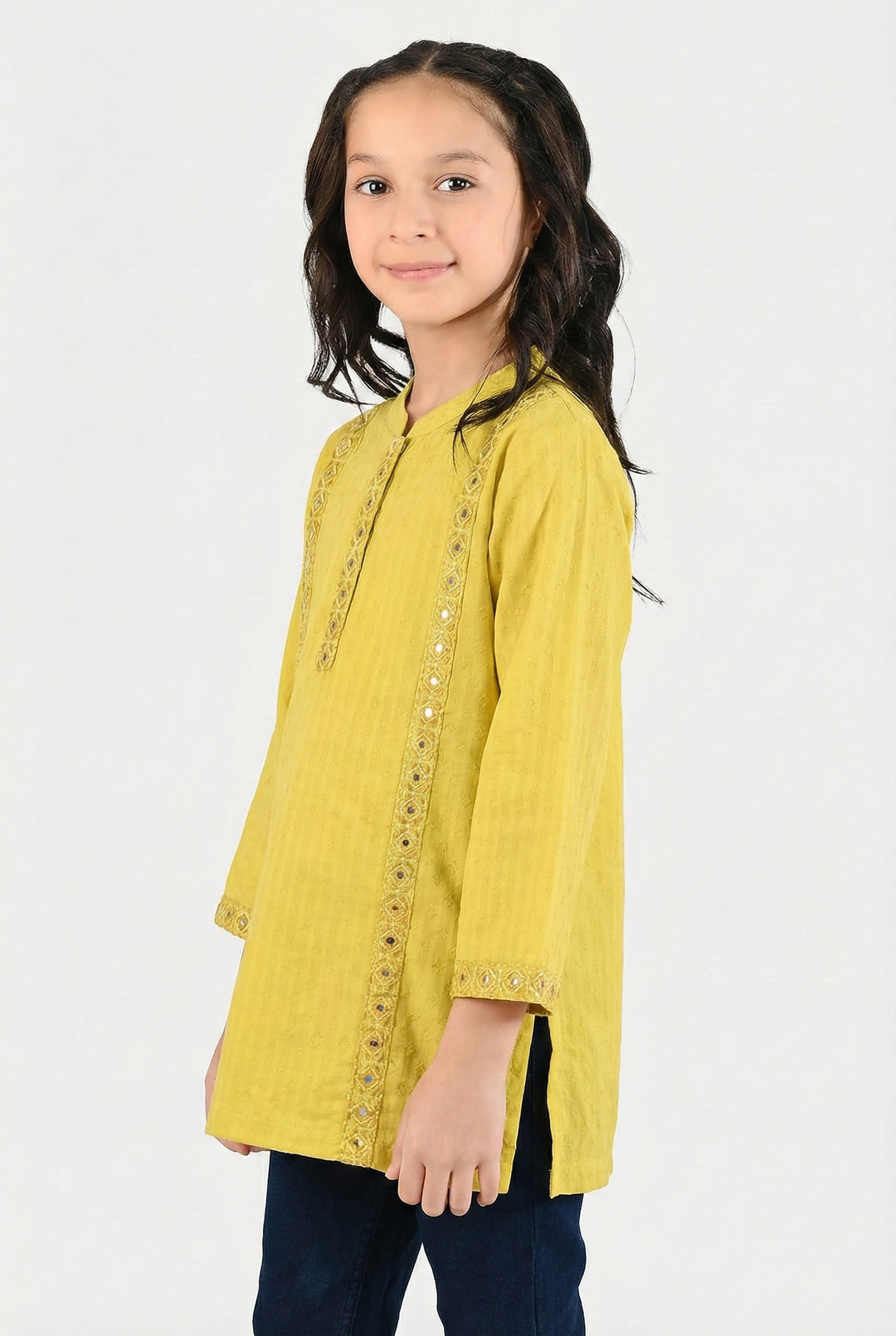 Girls Jacquard Embroidered Kurti (Roshan) – Yellow