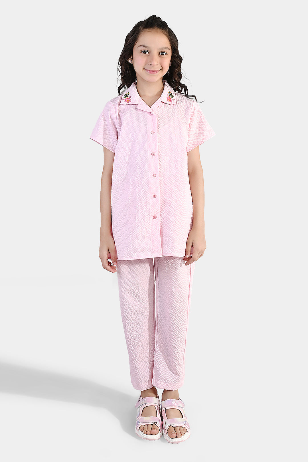 Girls Poly Crinkle Embroidered Co-Ord Set (Butterfly) - Light Pink