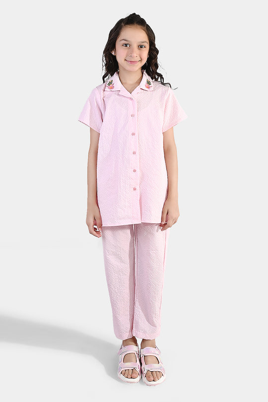 Girls Poly Crinkle Embroidered Co-Ord Set (Butterfly) - Light Pink