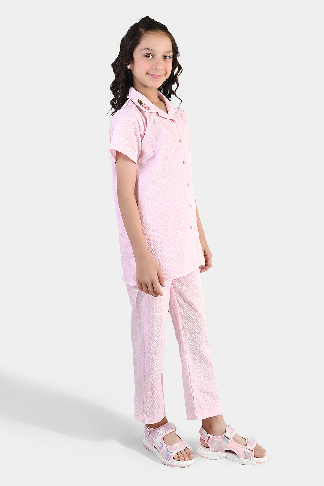 Girls Poly Crinkle Embroidered Co-Ord Set (Butterfly) - Light Pink