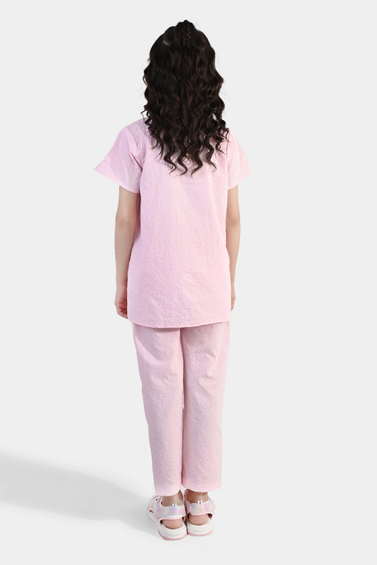 Girls Poly Crinkle Embroidered Co-Ord Set (Butterfly) - Light Pink