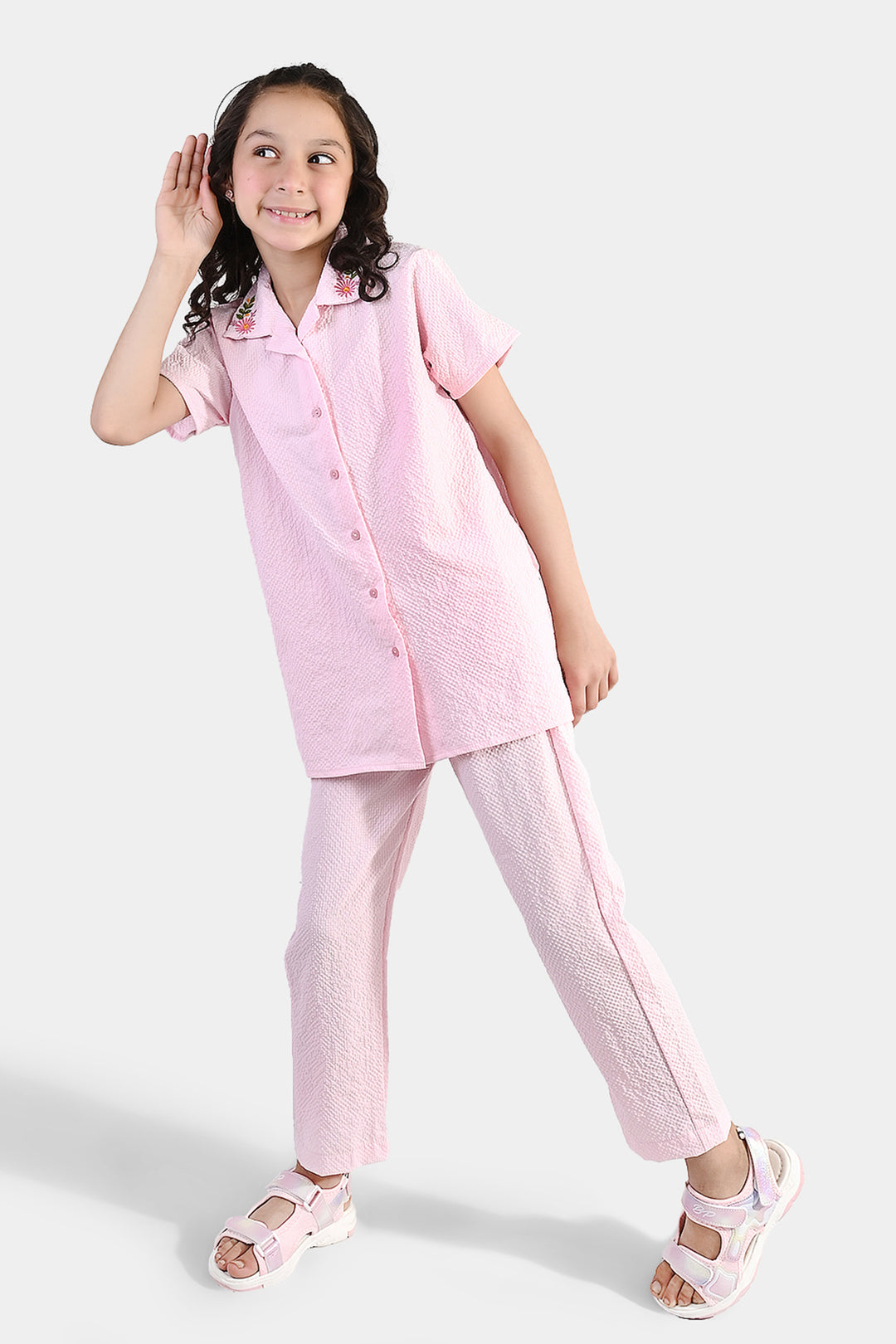 Girls Poly Crinkle Embroidered Co-Ord Set (Butterfly) - Light Pink