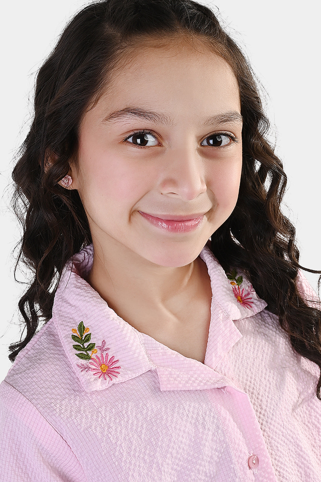 Girls Poly Crinkle Embroidered Co-Ord Set (Butterfly) - Light Pink
