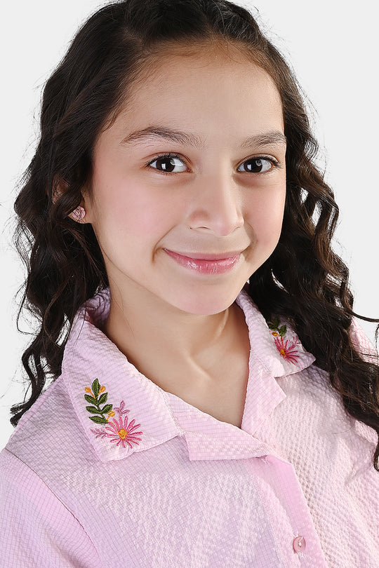 Girls Poly Crinkle Embroidered Co-Ord Set (Butterfly) - Light Pink