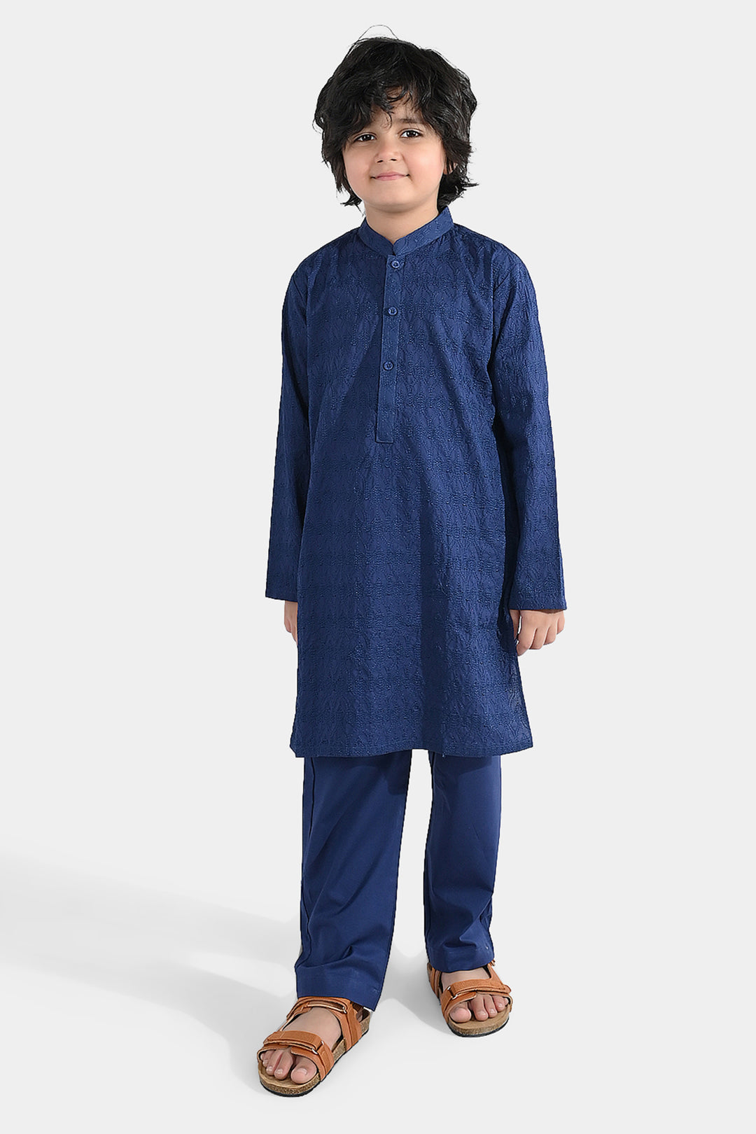Boys Cotton Poplin Kurta Pajama (Chicken Kari) - Blue