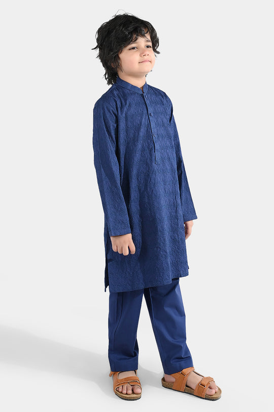 Boys Cotton Poplin Kurta Pajama (Chicken Kari) - Blue
