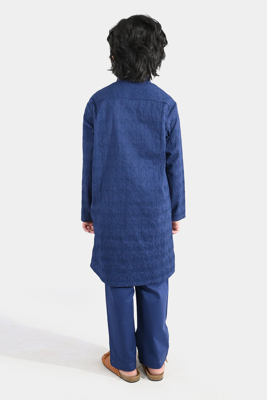 Boys Cotton Poplin Kurta Pajama (Chicken Kari) - Blue