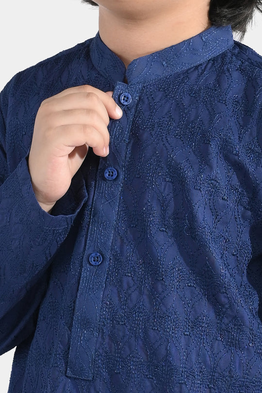 Boys Cotton Poplin Kurta Pajama (Chicken Kari) - Blue
