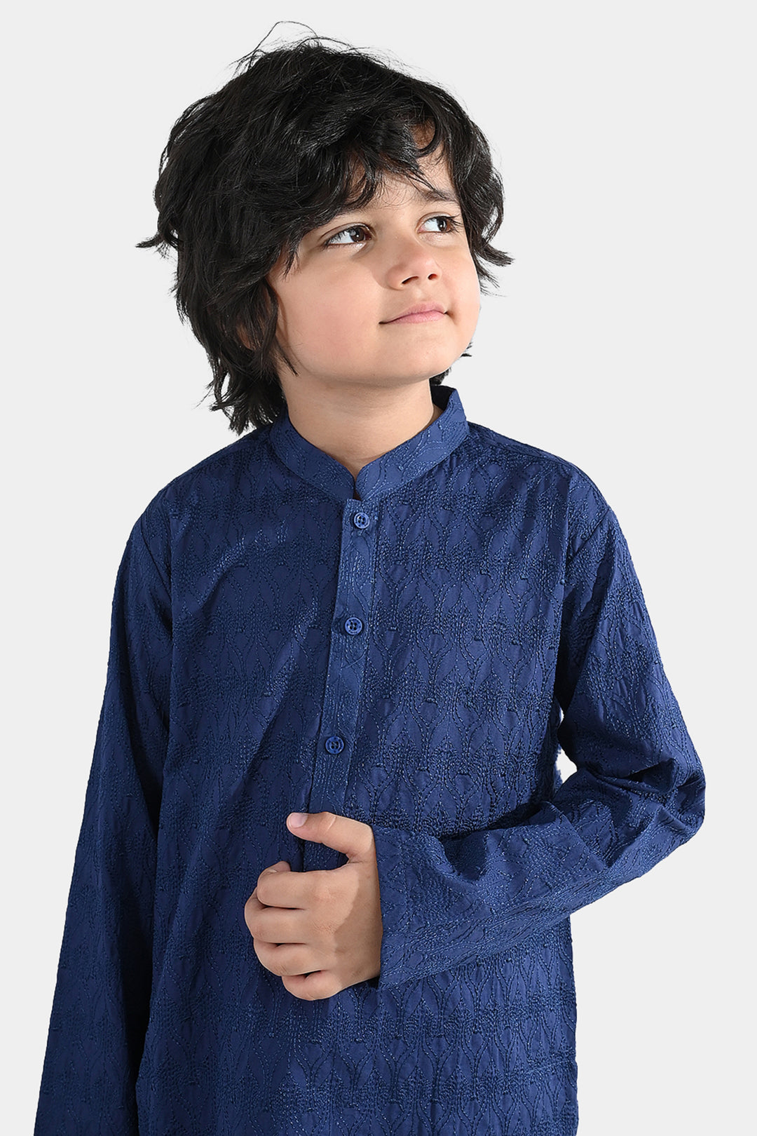 Boys Cotton Poplin Kurta Pajama (Chicken Kari) - Blue