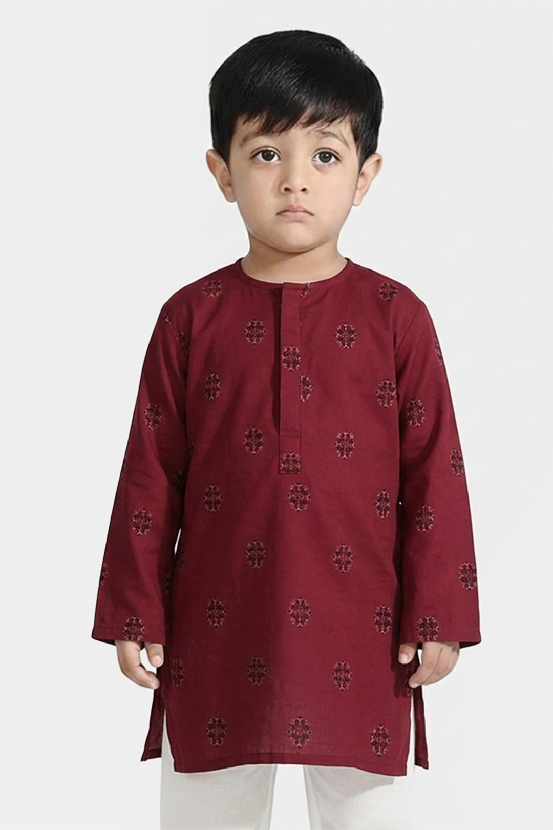 Infant Boys Cotton Jacquard Printed Kurta - Red