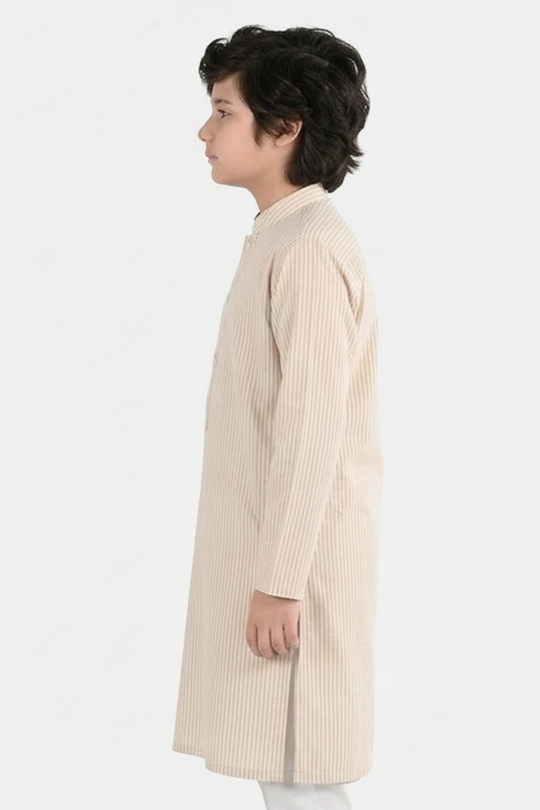 Boys Yarn Dyed Basic Kurta (Stripe) - Beige