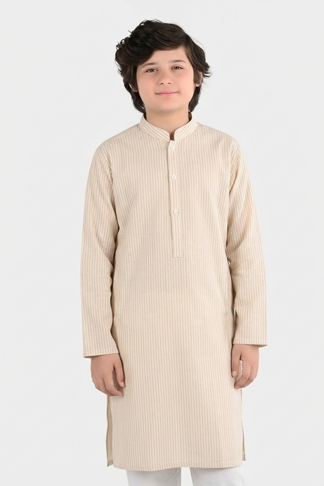 Boys Yarn Dyed Basic Kurta (Stripe) - Beige