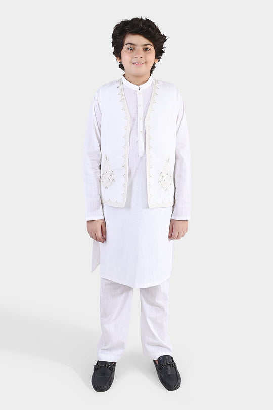 Boys Cotton Slub 3Piece Suit (Front Open) -WHITE