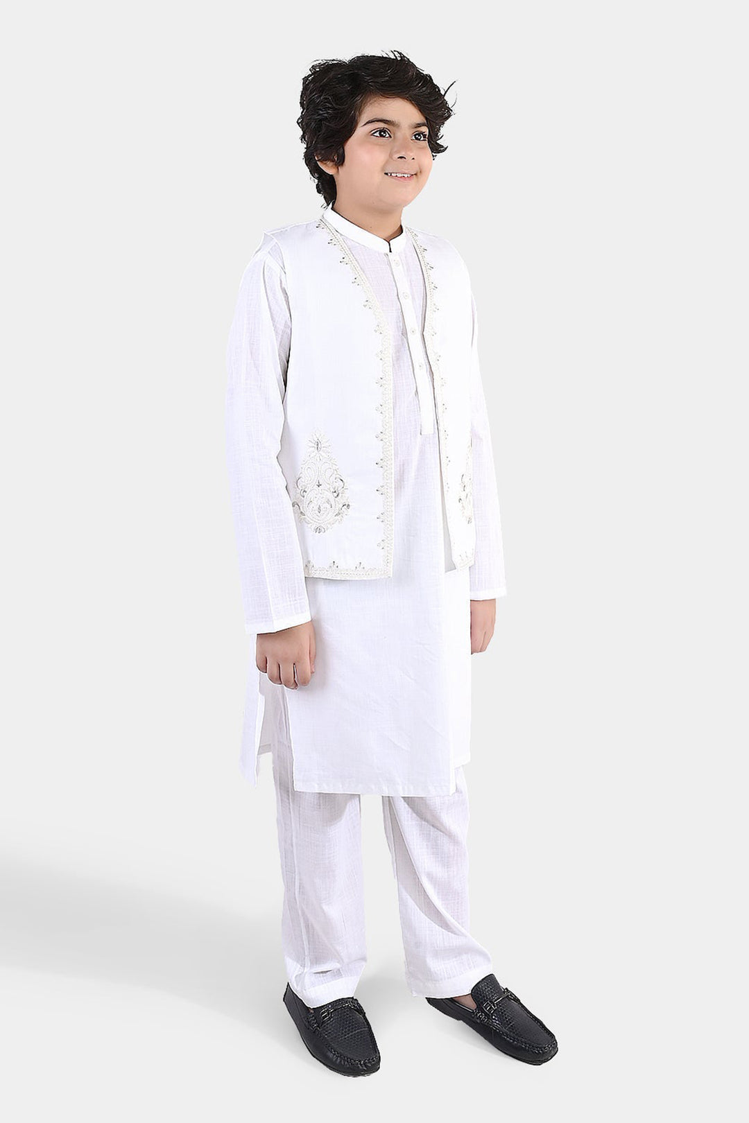 Boys Cotton Slub 3Piece Suit (Front Open) -WHITE