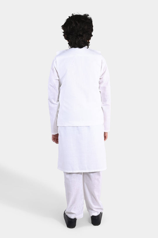 Boys Cotton Slub 3Piece Suit (Front Open) -WHITE
