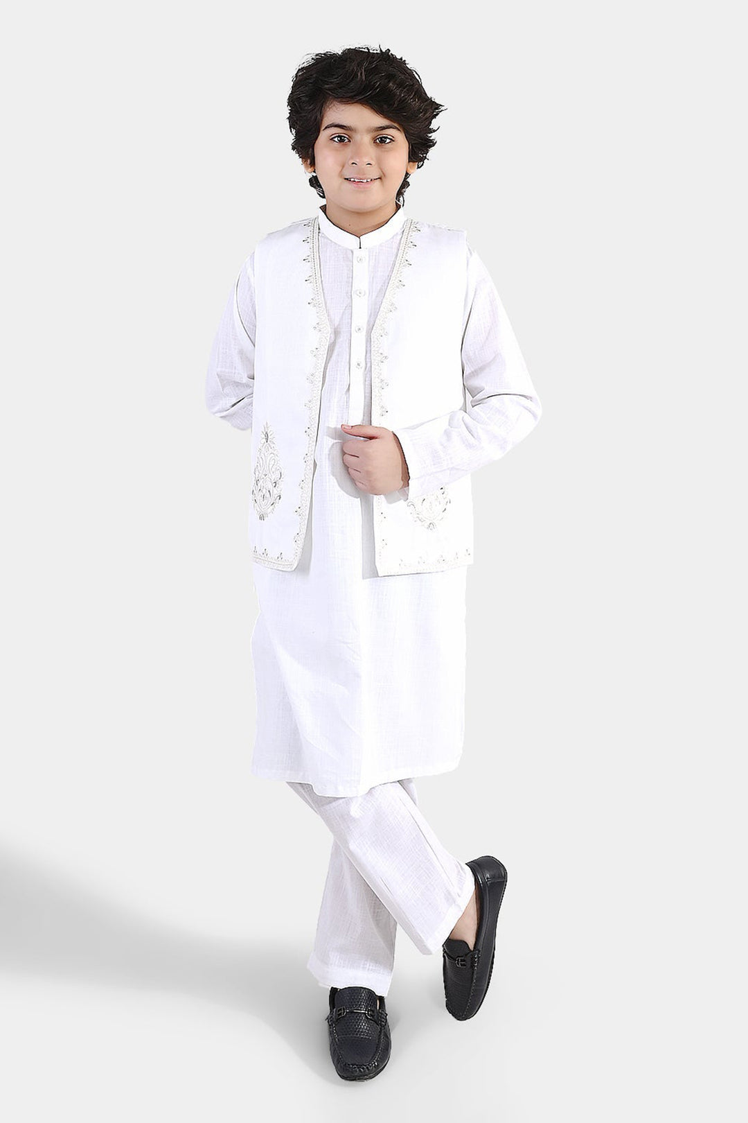 Boys Cotton Slub 3Piece Suit (Front Open) -WHITE